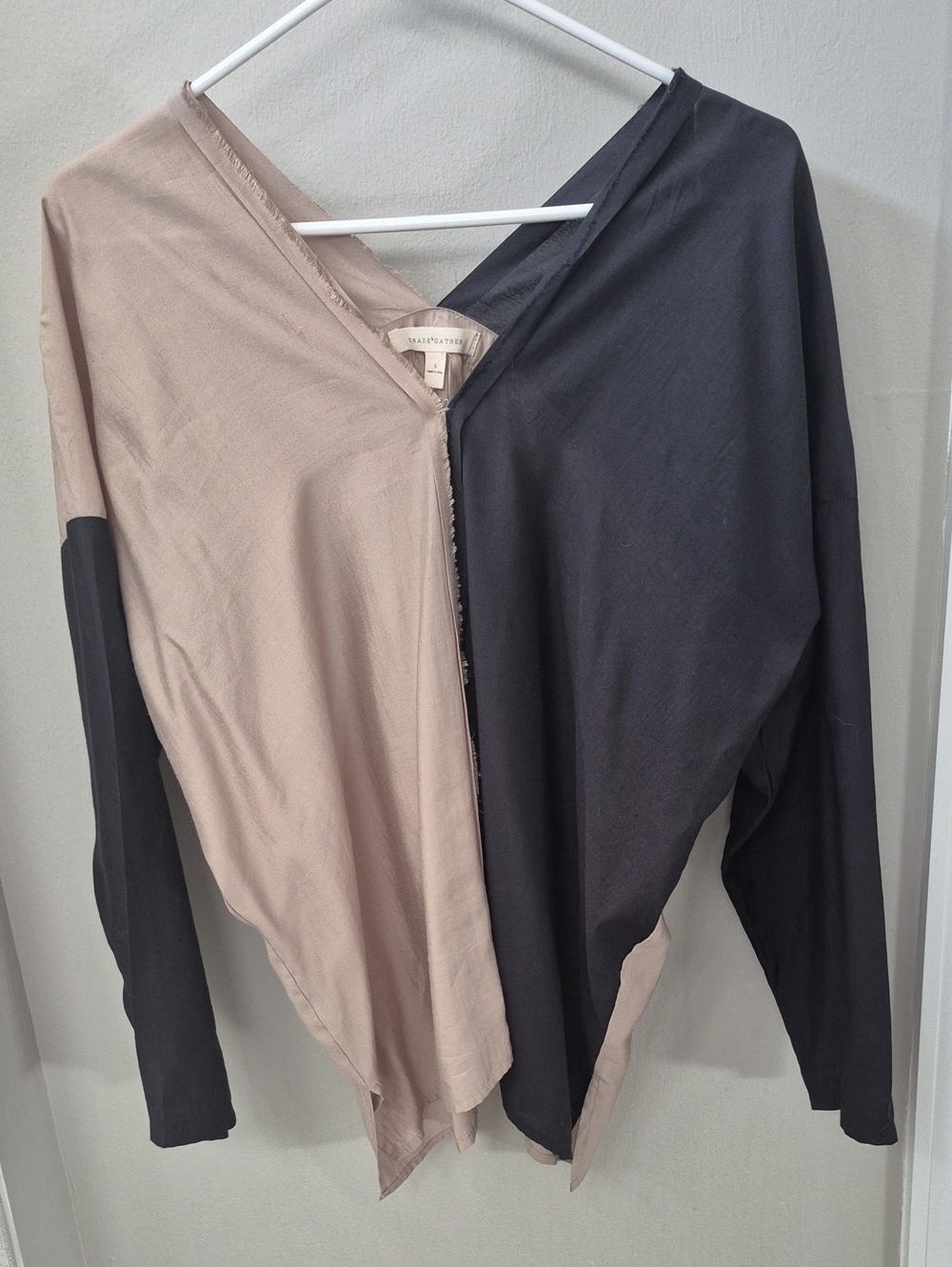 Two-Tone Beige and Black Lightweight Wrap Top.silky Fabric